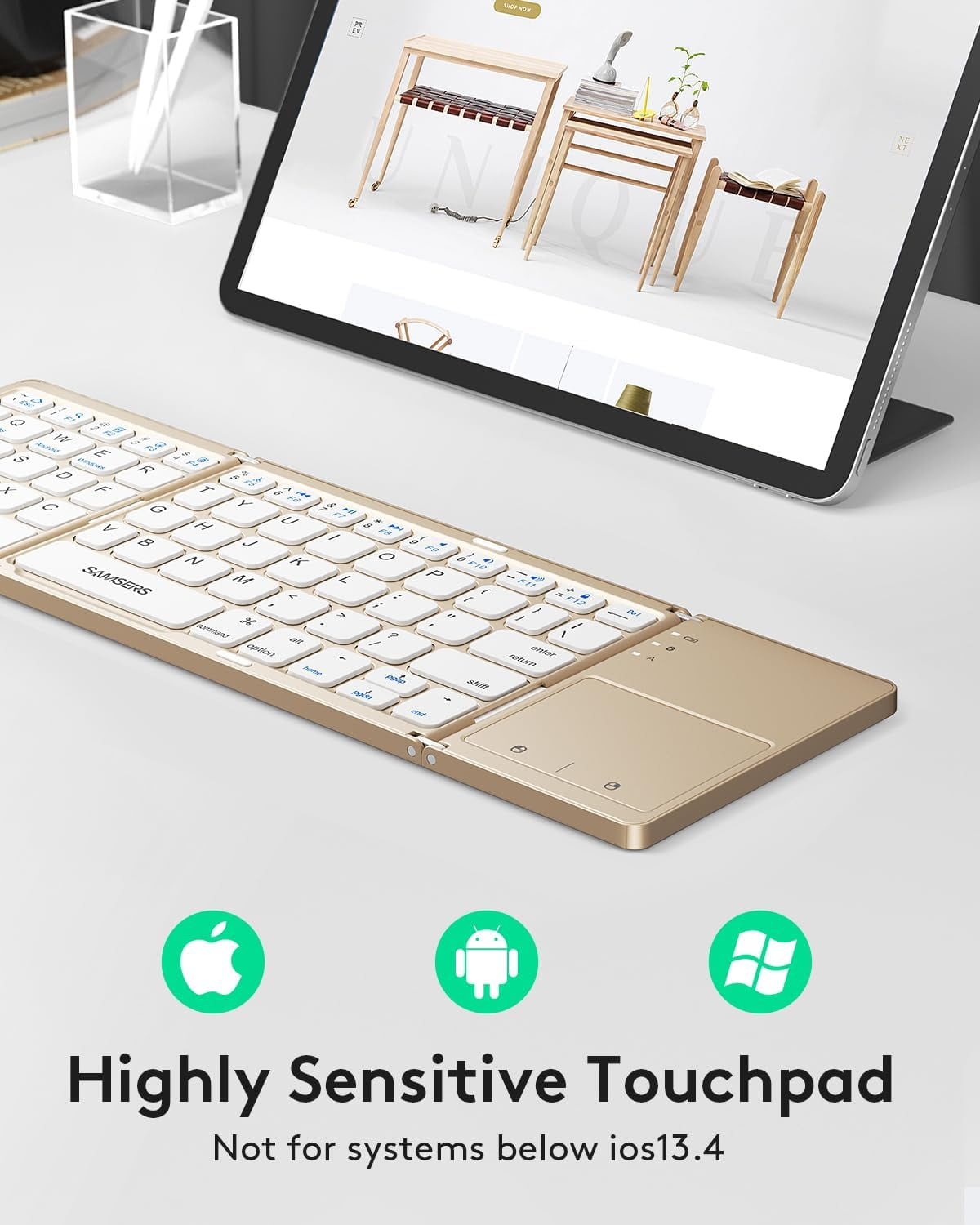 Foldable Bluetooth Keyboard with Touchpad - Portable Wireless Keyboard with Holder, Rechargeable Full Size Ultra Slim Pocket Folding Keyboards for Android Windows iOS Tablet & Laptop - Black