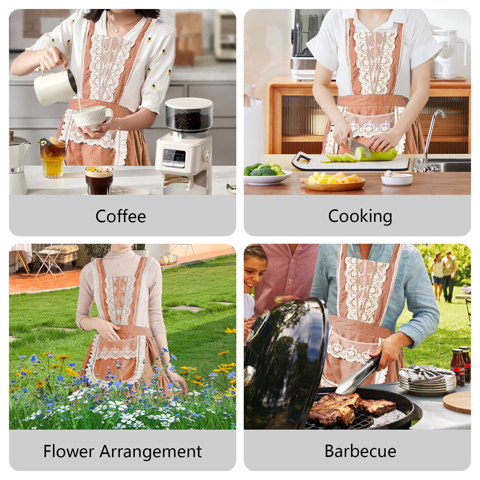 FEOYA Kitchen Apron for Women Cotton Apron Vintage Pinafore Apron Chef Lace Aprons Dress with Packet for Cooking Baking Gardening Work Cake Brown