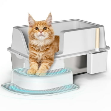 LHCER Enclosed Stainless Steel Cat Litter Box Extra Large Litter Box for Big Cats, High Side Enclosure Metal Litter Pan Tray with Scoop, Anti-Leakage, Easy Cleaning