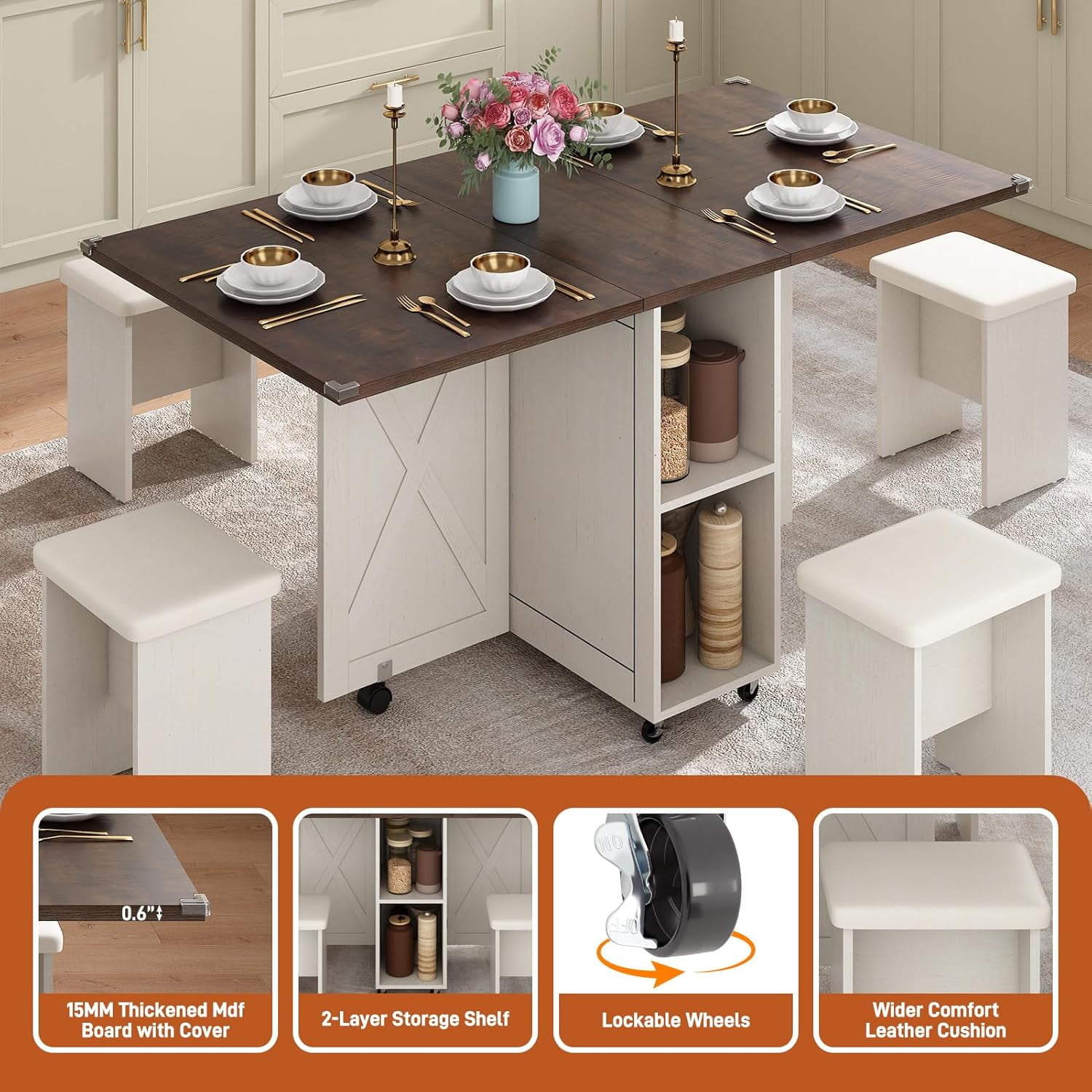 Blotout 5 PCS Farmhouse Dining Table Set for 4, 60'' Large Folding Dining Table Set with 4 Leather Chairs,6 Wheels, Drop Leaf Foldable Kitchen Table with 2-Layer Storage Shelf for Small Spaces, Brown