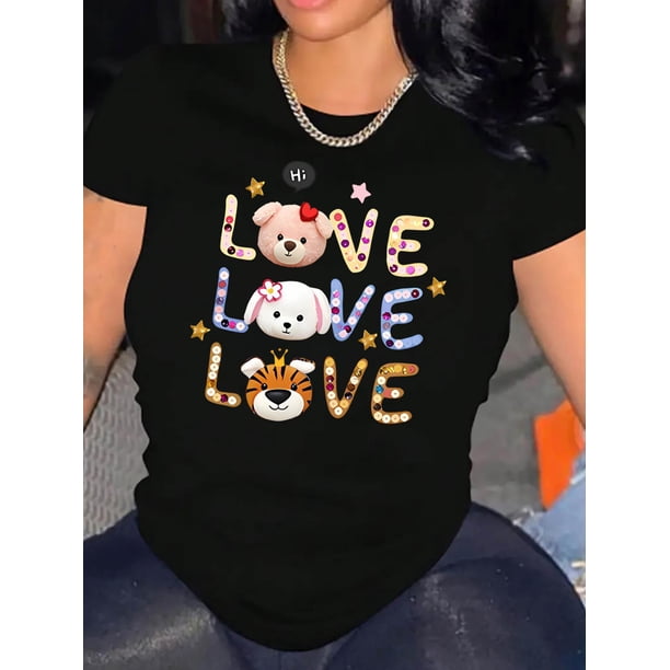 Camiseta básica para mujer veranoWomen's Casual Love Animal Graphic Tee - Round Neck Short Sleeve, Comfortable Polyester Blend, Playful Summer Top for Casual Attire, Everyday Fashion Top | Playful G