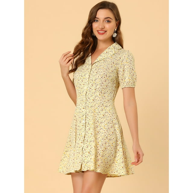 INSPIRE CHIC Robe Trapèze Vintage à Fleurs pour Femme à Manches Courtes, Col de Camp, Boutonnée