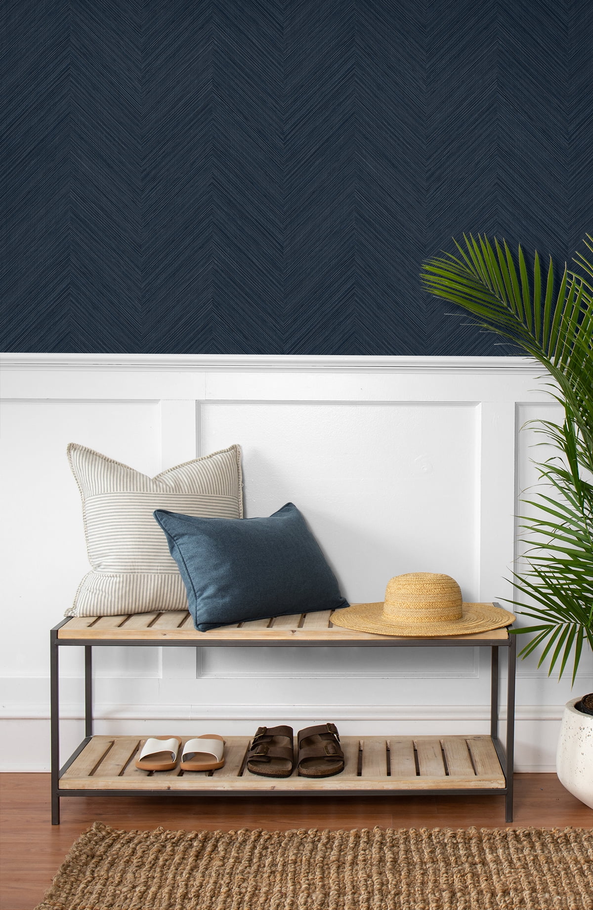 NextWall Dark Blue Chevron Stripe Peel and Stick Wallpaper
