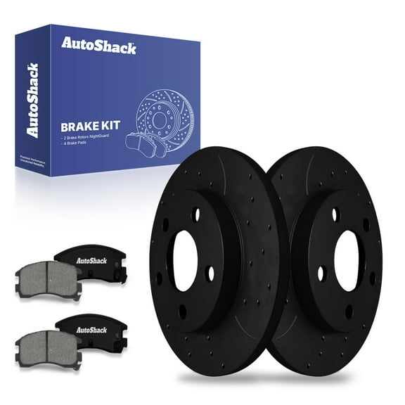 AutoShack 10.63" (269.9 mm) Rear Solid Drilled & Slotted Brake Rotors E-Coated   Premium Ceramic Brake Pads | Replacement for 2010 Chevrolet Impala | Black Finish | 6-PC Brake Kit | NightGuard