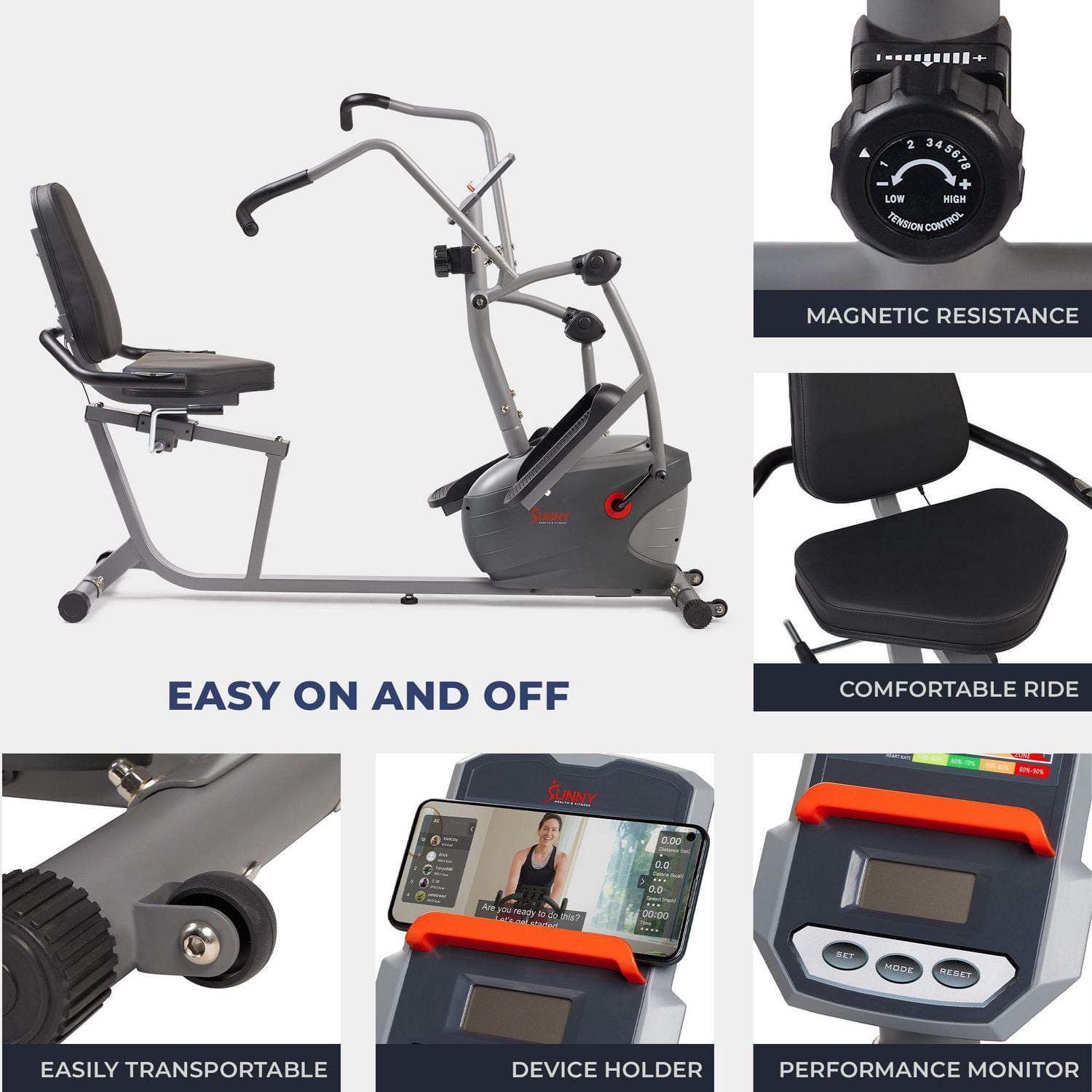 Sunny Health & Fitness Compact Performance Recumbent Bike with Dual Motion Arm Exercisers, Quick Adjust Seat & Exclusive SunnyFit App Enhanced Bluetooth Connectivity