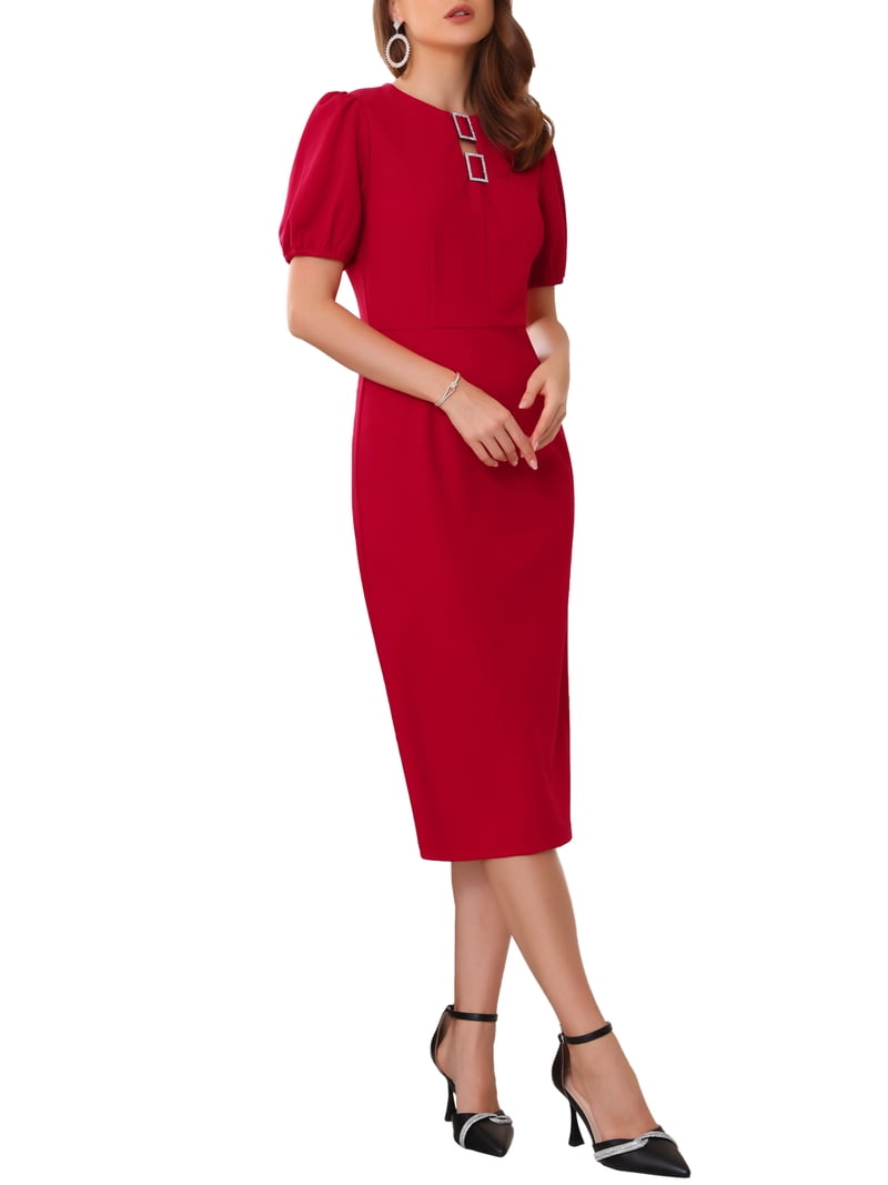 red midi pencil dress Raspberry Red Cotton Velvet Harlow Midi Pencil Dress with Dramatic Butterfly Sleeves- Made by Dig For Victory