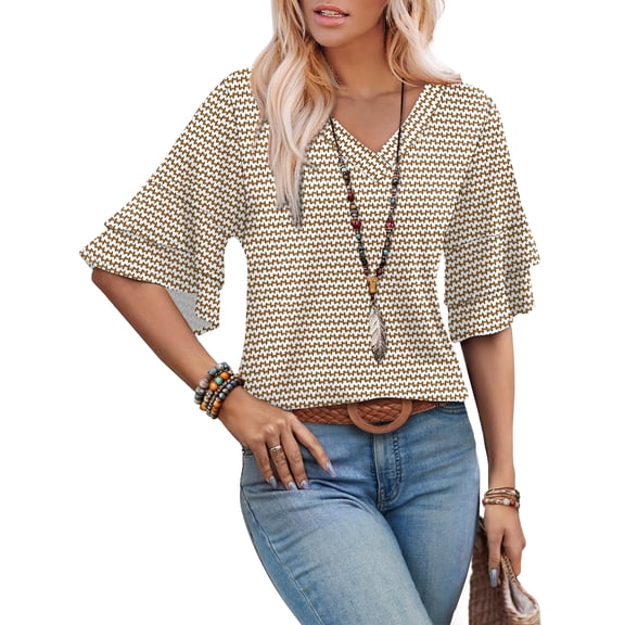 Ronuti Womens Blouses Ruffle Sleeve Top V Neck Shirts Casual Outfit Bell Sleeve Cute Tee Spring Summer Fashion Clothes