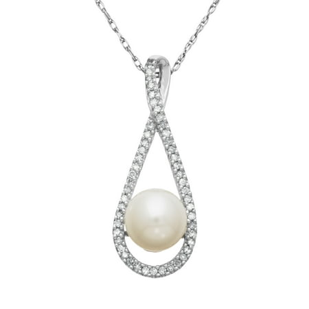 Freshwater Pearl and 1/5 ct Diamond Teardrop Pendant Necklace in 14kt White Gold