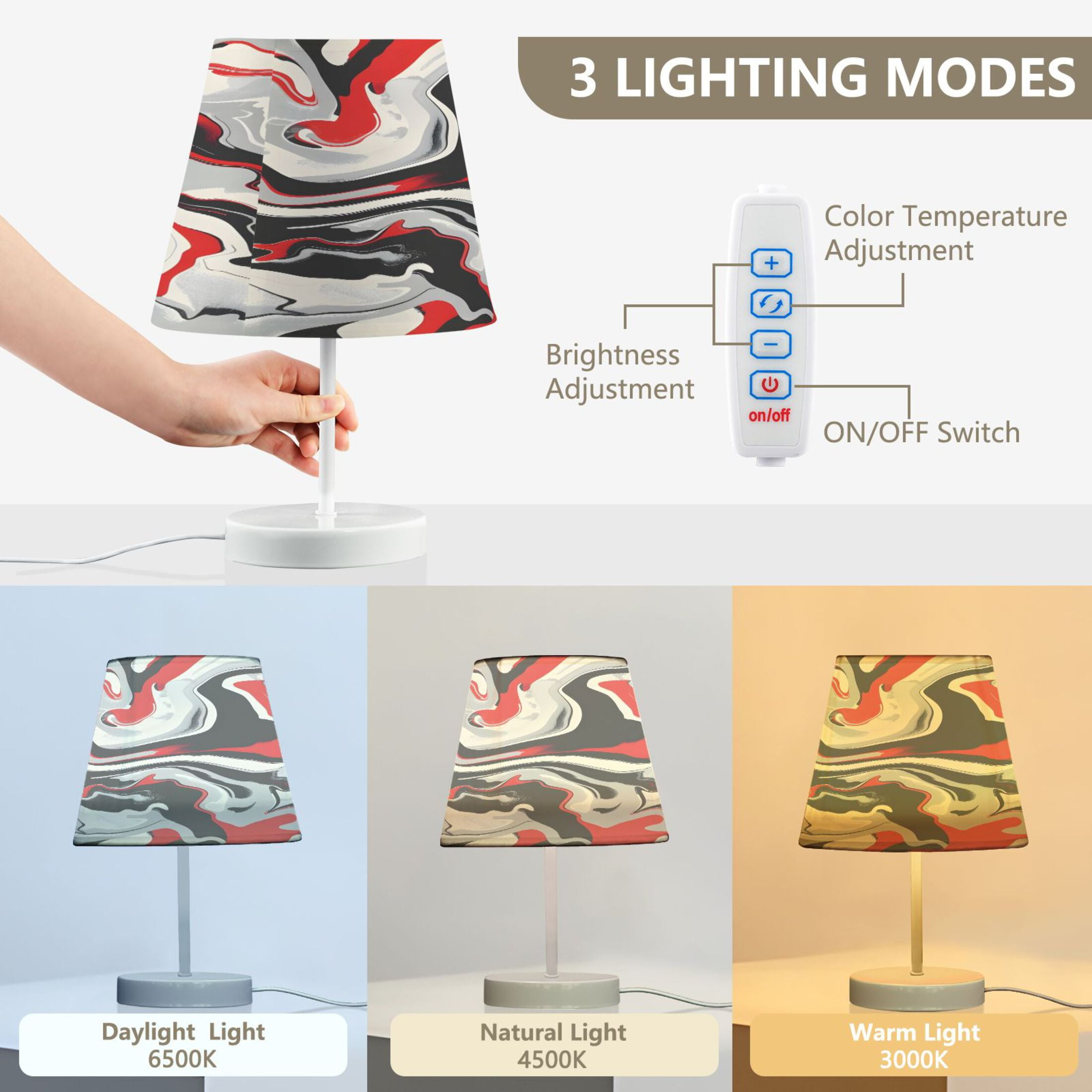 Red Black Liquid Marble Desk Lamp LED Table Nightstand Lamps with 3 Color Temperatures for Home Bedroom Living Room Decor 8x12