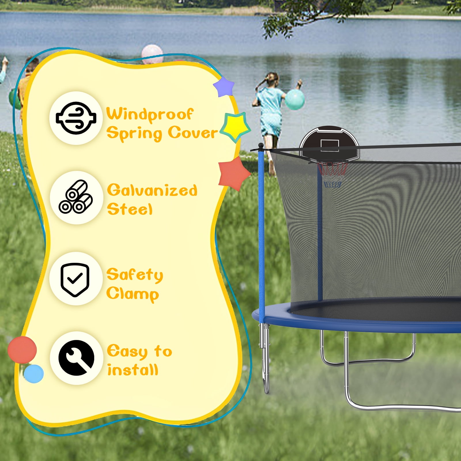 14FT Outdoor Trampoline with Basketball Hoop and Ladder for Kids and Adults，Heavy Duty Recreational Trampoline with Safety Enclosure,Anti-Rust Frame,Backyard Trampoline for Gift
