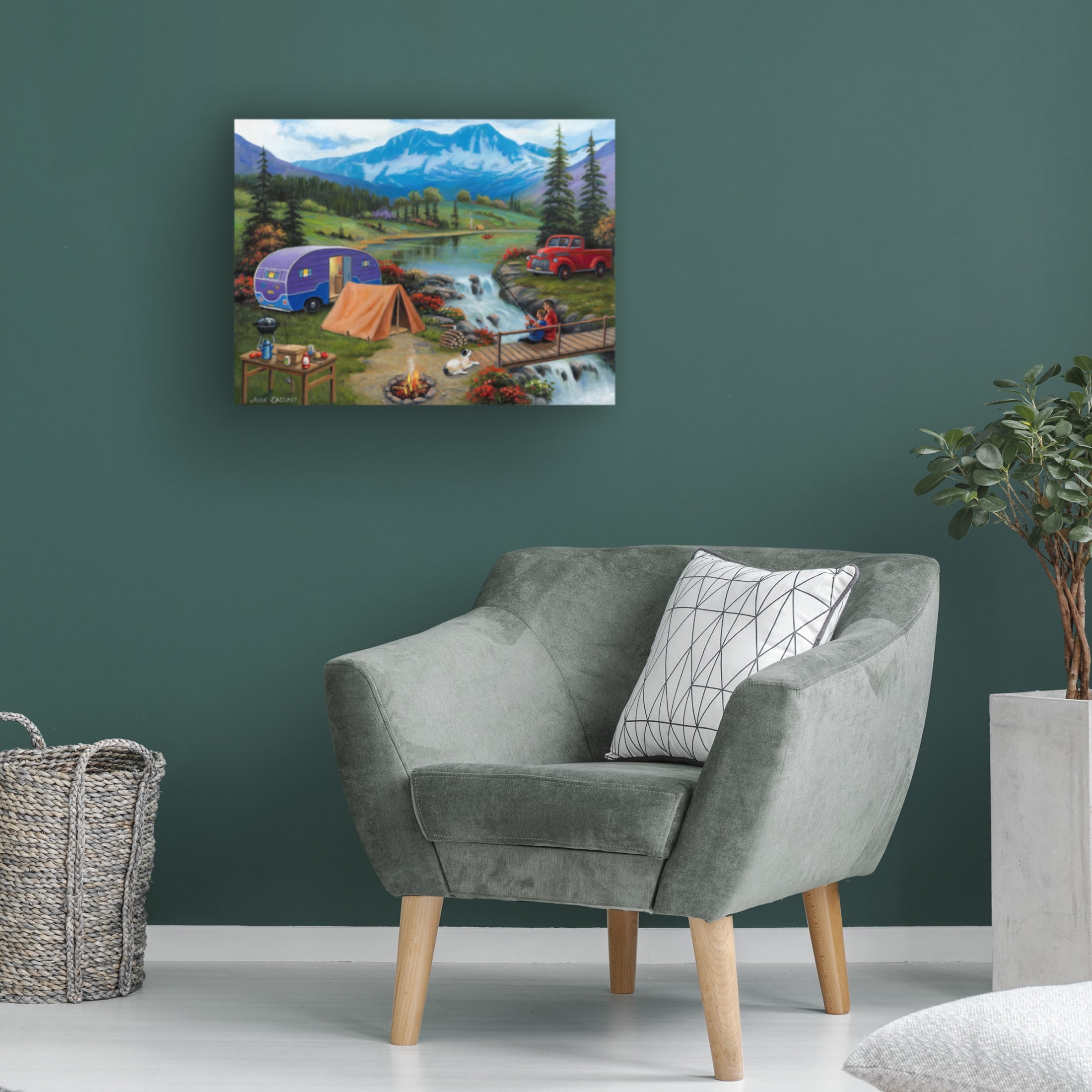 Canvas Wall Art - John Zaccheo 'Fishing By the Falls' Wall Art for Living Room, Bedroom, or Office Décor by Trademark Fine Art - 19 x 14 Inches