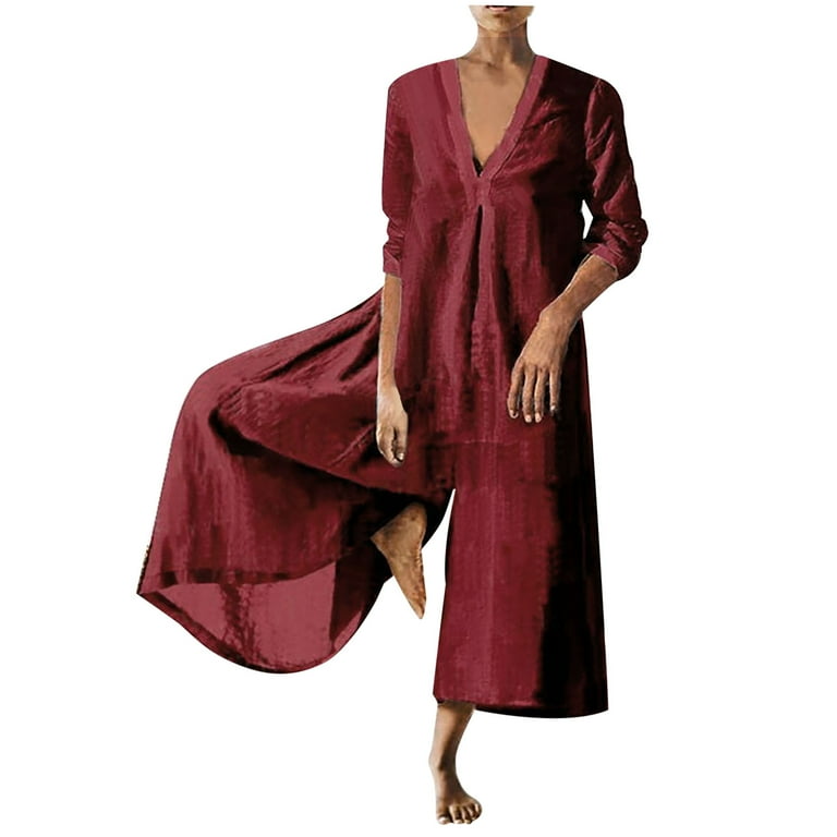 BLVB Women 2025 Cotton Linen Jumpsuit Long Sleeve V Neck Capri Culottes Pants Rompers Plus Size Womens Summer Clothes
