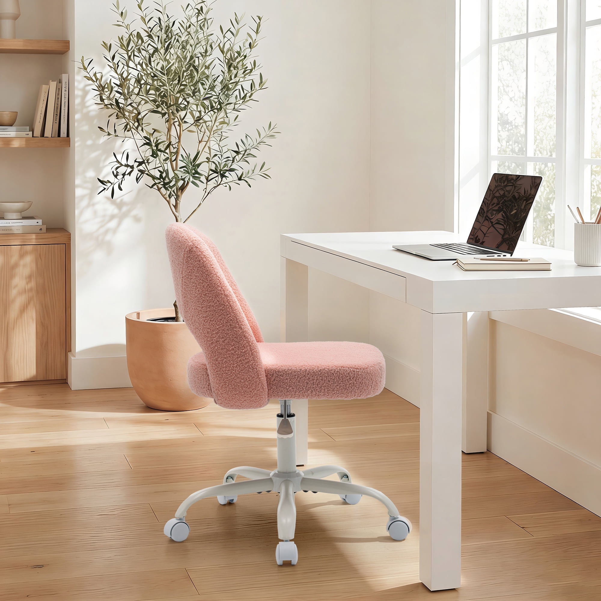 ENYLAY Pink Fluffy Teddy Fleece Vanity Chair, Height Adjustable 360° Swivel Rolling Desk Chair, Ergonomic Upholstered Makeup Chair, Modern Cute Accent Chair for Bedroom Home Office Vanity Room