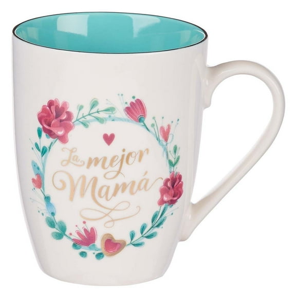 La Mejor Mama The Best Mom (Spanish) Ceramic Coffee/Tea Mug for Mothers - White/Teal Floral w/Gold Inspirational Coffee Cup for Moms, 12-Ounce