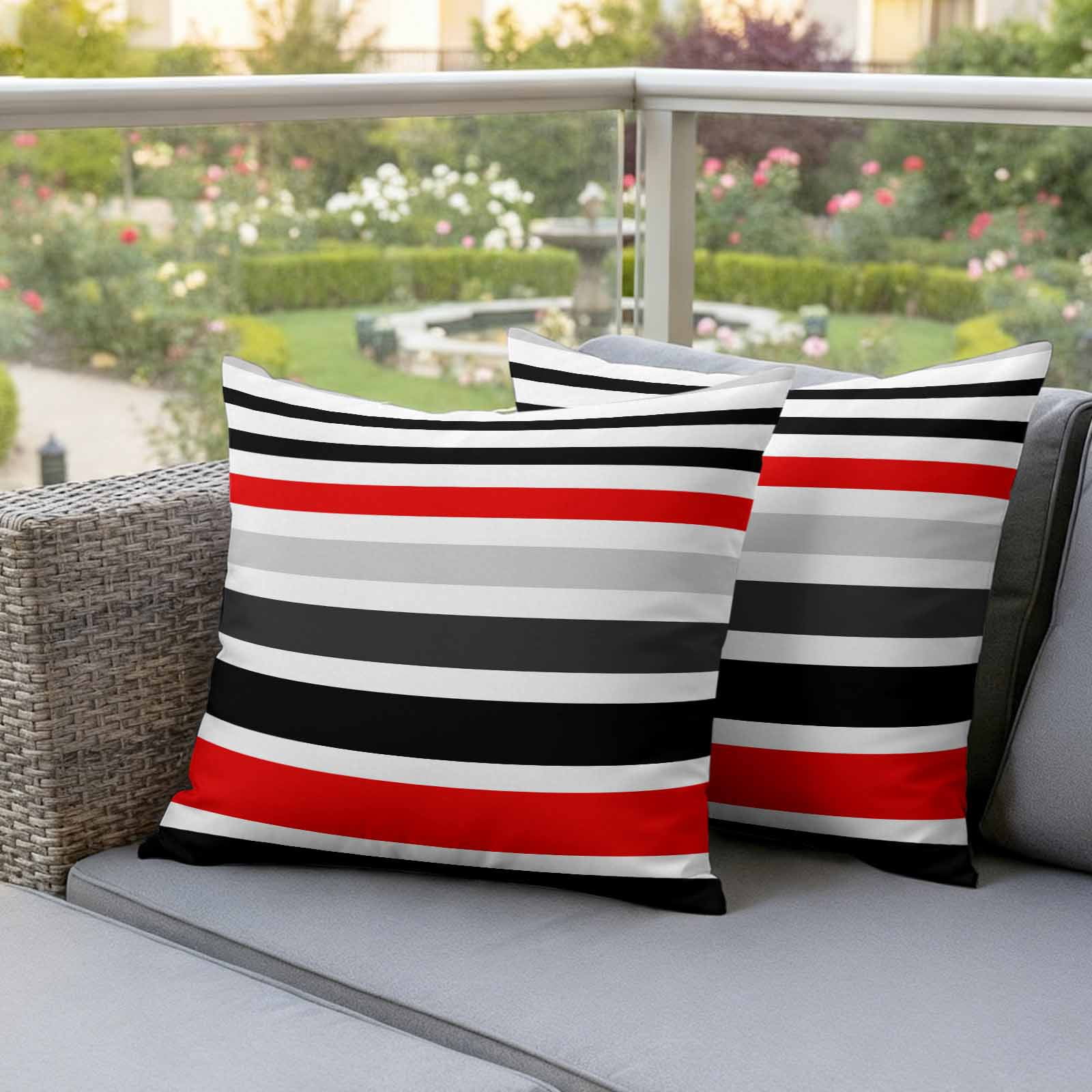 Red Black Stripe Outdoor Waterproof Pillow Covers, Modern Abstract Coarse Striped Decorative Square Throw Pillowcase Sofa Cushion Sham for Patio/Couch/Chair, 18"x18" 2 Pack