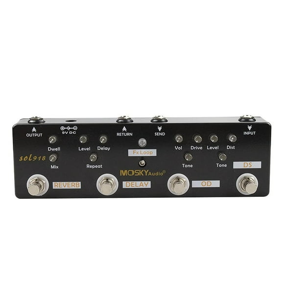 Pedal Multiefectos Moskyaudio Negro 5 en 1 con Distorsión, Sobremarcha, Reverberación y Retardo Sol