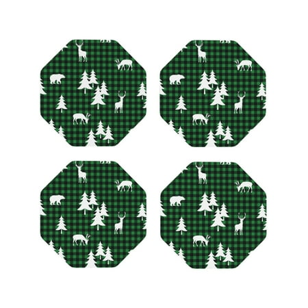 

Lukts Christmas tree green plaid Print Leather Drinks Coasters Set of 4 Suitable or Drinks Furniture Protection and Easy Clean up-Octagon