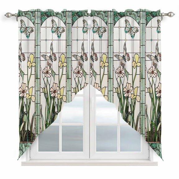 Swag Curtains Valances for Windows, Teal Green Butterfly Short Kitchen Window Curtains Over Sink, Leaves Floral Cafe Curtains Panel Set Of 2,Rod Pocket, 36 Inches Length
