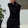thumbnail image 4 of Camisa de punto hueca con cuello redondo para mujer, blusa ajustada de Color puro con cuello redondo y manga larga, blusa de Color liso, Top negro M, 4 of 7