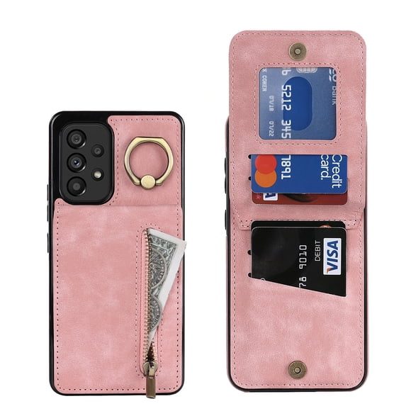 Allytech Galaxy A54 5G Case with Ring Holder, PU Leather Zipper Wallet Cards Holder Kickstand Shockproof Bumper Back Shell Cover Wallet Case for Samsung Galaxy A54 5G 6.4" - Pink