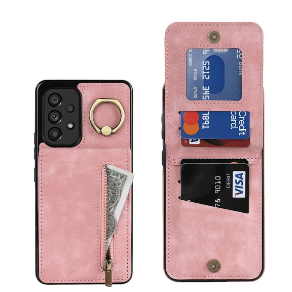 Allytech Galaxy A54 5G Case with Ring Holder, PU Leather Zipper Wallet Cards Holder Kickstand Shockproof Bumper Back Shell Cover Wallet Case for Samsung Galaxy A54 5G 6.4" - Pink