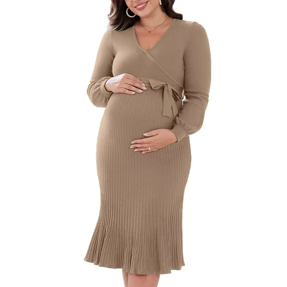Charmo Maternity Warpped V Neck Pleated Dress Knit Midi Pregancy Dresses Ribbed Knit Nursing Clothes with Belt