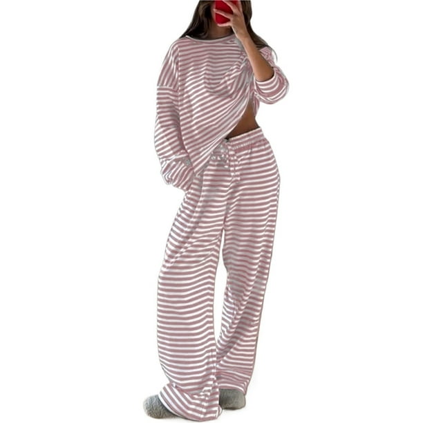 Pijamas de rayas for mujer, conjuntos de 2 piezas, camisetas de manga larga, pantalones anchos con cordón, conjuntos a juego, conjuntos de estar en casa
