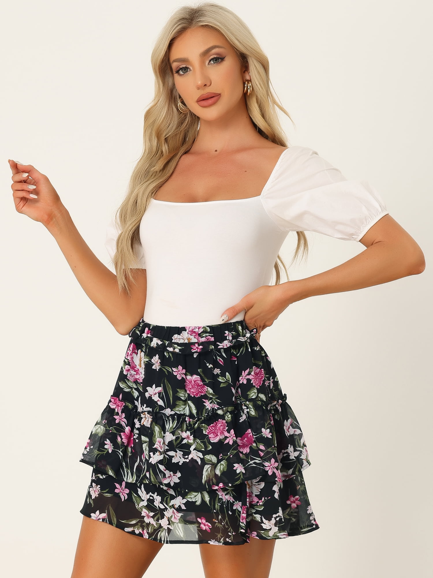 DARING DIVA Women's Elastic Waist A-Line Layered Ruffle Floral Mini Skirt XS Black Pink