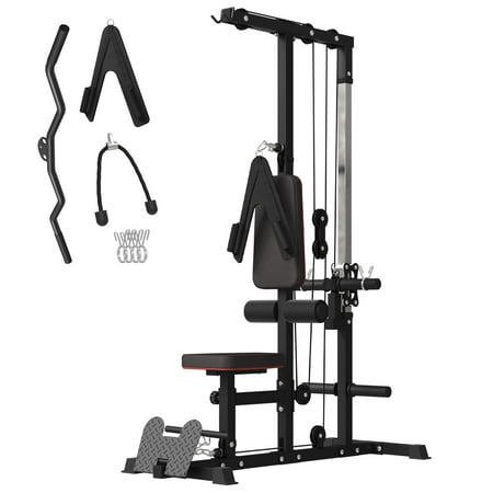 Mikolo LAT Pull-Down and LAT Row Cable Machine with Flip-up Footplate and Plates Storage Posts, High and Low Pulley Station with Huge Cushion, Home Gym Fitness Equipment(Upgraded)