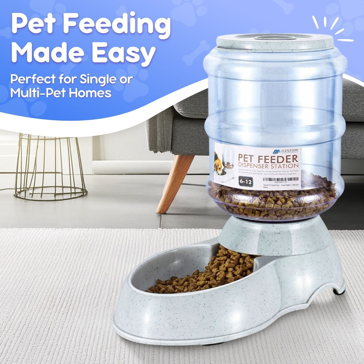 Gravity Dog Feeder, Automatic Replenish Large Dog Food Dispenser, Non-Skid, Easy-Clean, Large Capacity Dry Food Storage Bowl for Large Pet, 3 Gallon