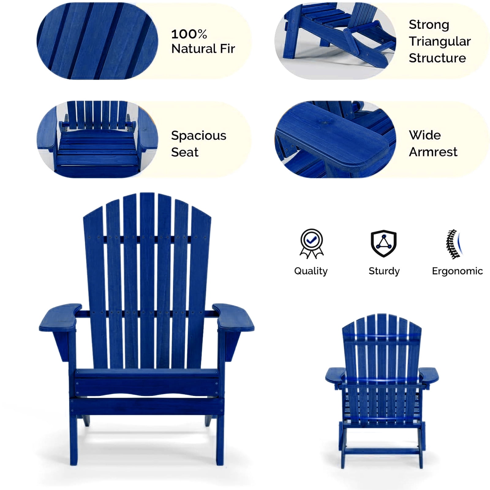 Ktaxon 1 Pack Patio Wood Adirondack Chair, Garden Chaise Chair Outdoor Folding Chair, Wooden Chair for Patio, Garden, Navy Blue