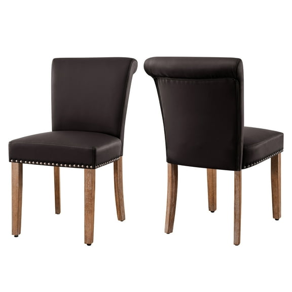 Subrtex Leather Upholstered Dining Chair with Nailheads and Solid Wood Legs, Set of 2, Brown