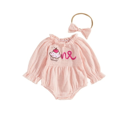 

Bmnmsl Girl Birthday Romper Letter Embroidery Long Sleeve Jumpsuit Headband