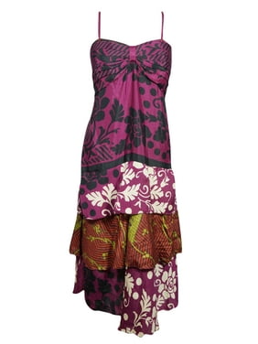 Mogul Women Pink,Black Vintage Layered Spaghetti Strap Boho Hippie Chic Recycled Sari Printed Sundress SM
