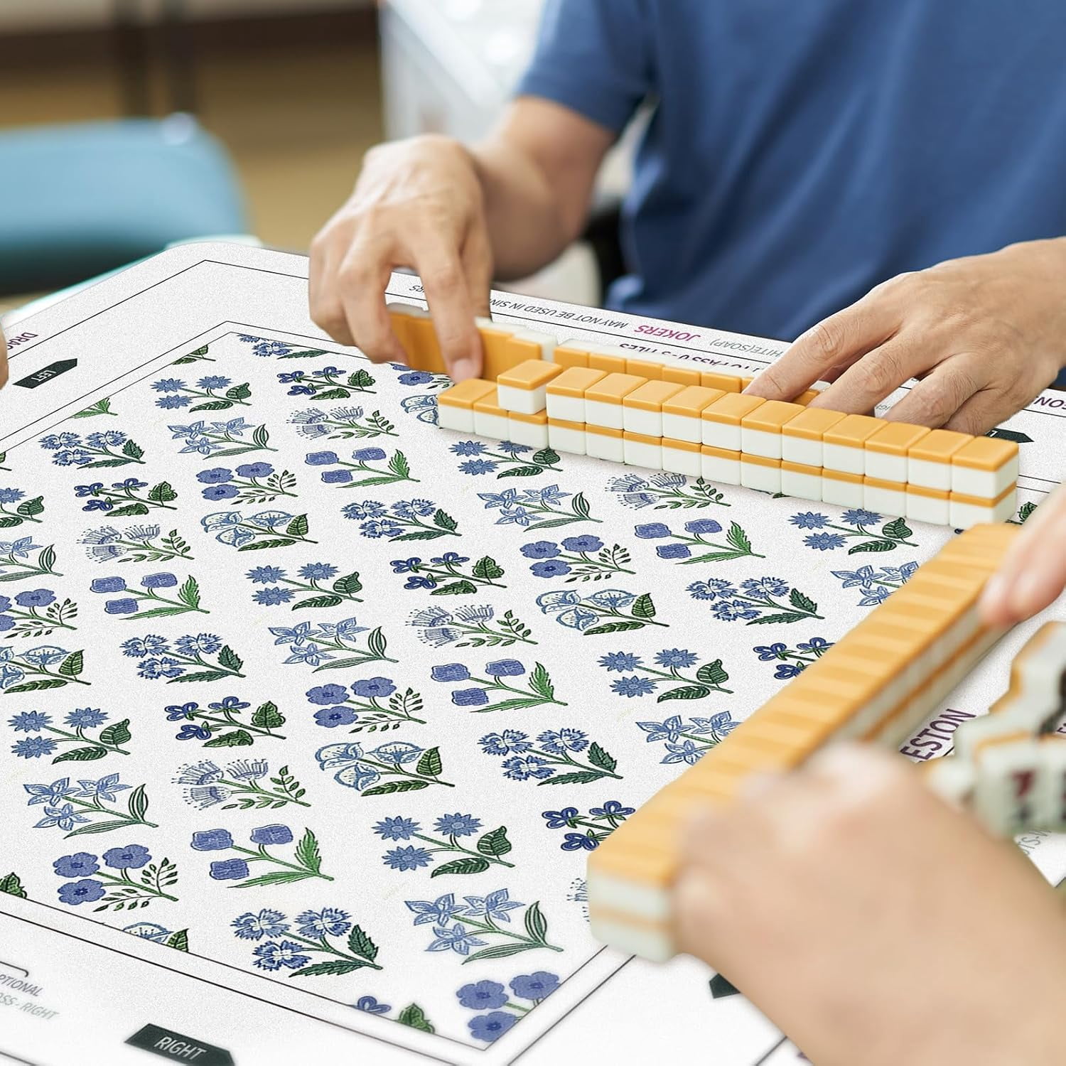 Tegeme Chinoiserie Mahjong Mat 31.5" x 31.5" Purple Green Floral Mat Anti Slip and Noise Reduction Multi Purpose Game Table Cover Non-Slip Noise Reduction Gaming Rug for Mahjong Card Board Tile Games