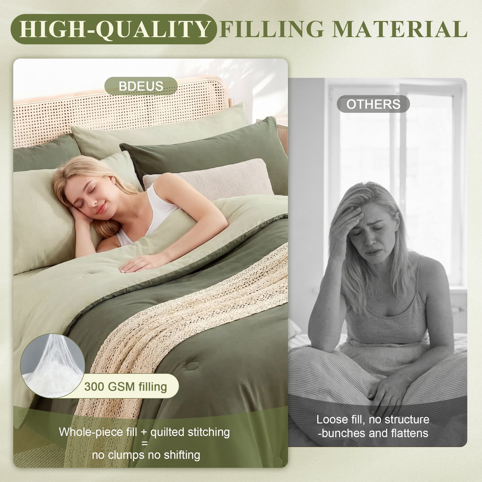 BDEUS 7 Pieces Comforter Set Queen，Bed in A bag，All Seasons Bedding sets with Comforter,Fitted Sheet,Flat Sheet,Pillowcases & Shames，Olive green