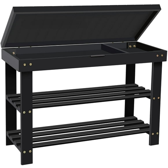 BAMBUROBA Shoe Rack Bench for Entryway,3-Tier Bamboo Small Bench with Storage Drawer,Shoe Shelf Organizer Indoor Outdoor Use,Black