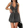 thumbnail image 2 of Halter Denim Mini Dress for Women Sleeveless Deep V Neck Backless Jean Dresses with Belted Black M, 2 of 8