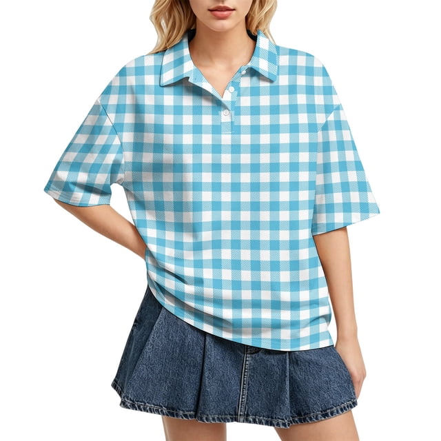 Sewkxo Polo à Manches Courtes pour Femmes, Col Oversize, T-Shirt à Enfiler Y2k, Décontracté, Ample, Mode Urbaine, Chandail de Rugby, Cyan 2TG