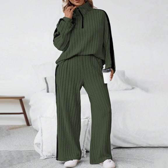 Women's Plus Size Two Piece Set, Half Zip Long Sleeve Top and Ribbed Wide Leg Pants, Lounge Set for Everyday Wear, Casual Matching Outfit, Comfortable Stretchy Loungewear Blackish Green