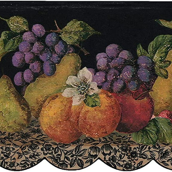 Concord Wallcoverings Wallpaper Border Fruits Pattern Pears Grapes Apples Plums Cherries Flowers Leaves for Kitchen, Green Black Purple Red Yellow Orange, 8.25 Inches for 15 Feet 5503862