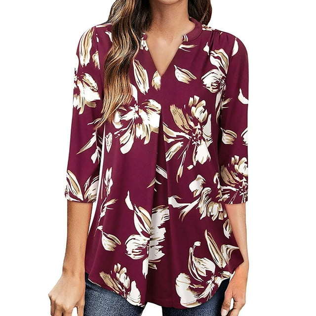 DPTALR Blouse Femme Col en V Manches 3/4 Imprimée Automne Pull Décontracté