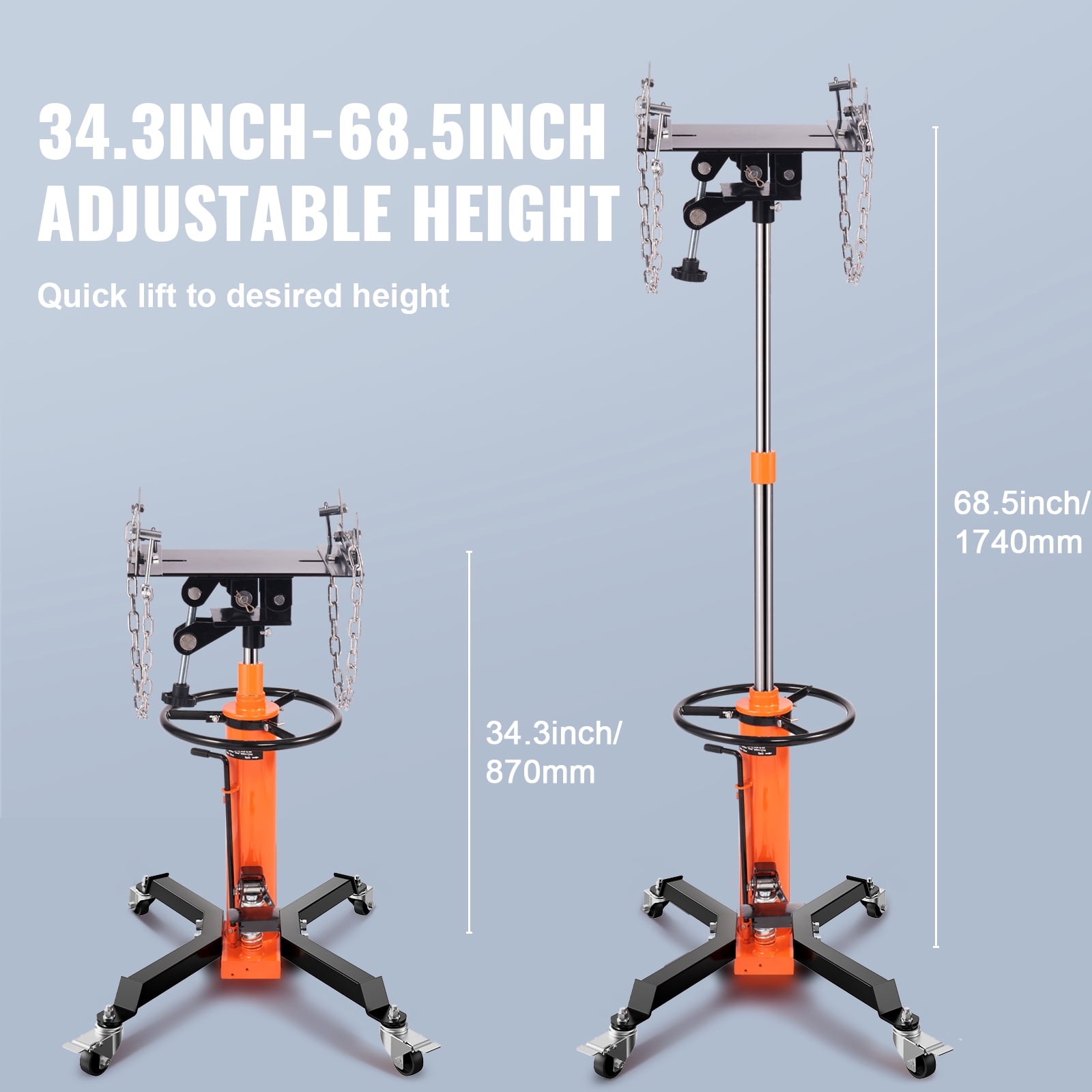 VEVOR Transmission Jack, 1322 LBS Hydraulic Telescoping Transmission Jack, 32"-67" High Lift Floor Jack Stand with Foot Pedal, 360° Swivel Wheel, Hydraulic Transmission Jack Garage/Shop Lift Hoist