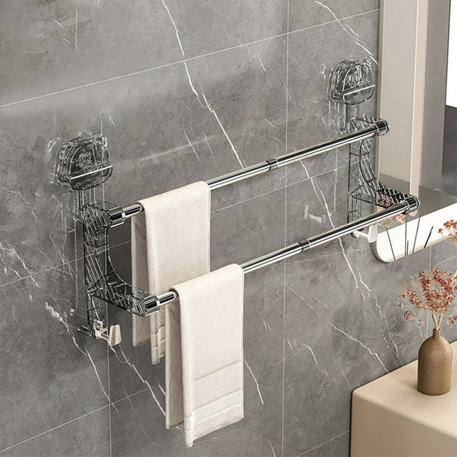 Retractable Double Rod Towel Rack | Suction Cup Bathroom Organizer | Rustproof Plastic & Stainless Steel | No-Drill Punch-Free Mount | Adjustable Storage | 37.5x24cm | Gray or White