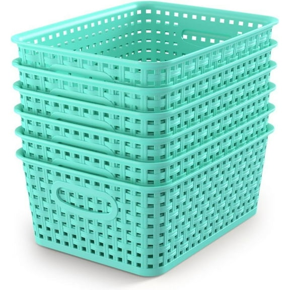 Woven Plastic Storage Baskets, 6 Pack White Weave Bins Organizer, 10.1" x 7.55" x 4.1"