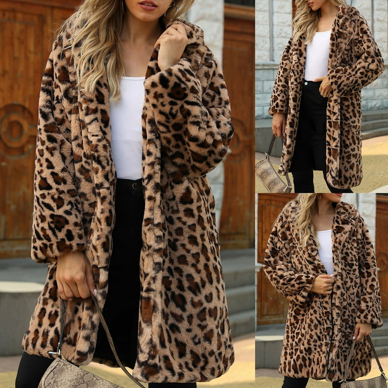 RomanticDesign Women\s Long Lapel Faux Fur Jacket Shaggy Coat Warm Outerwear Cardigan Brown US 4