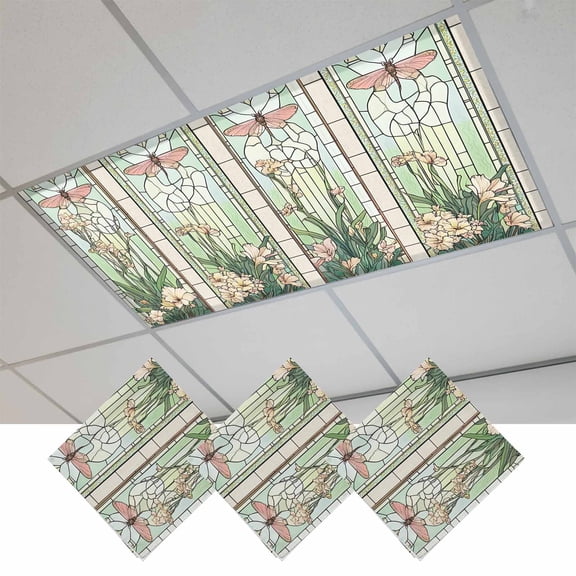 3 Pcs Green Vintage Stained Glass Fluorescent Light Covers Flowers Butterfly Magnetic Light Covers for Ceiling Lights 4 x 2 ft Drop Ceiling Lights Cover Shade for Office, Home, Hospital