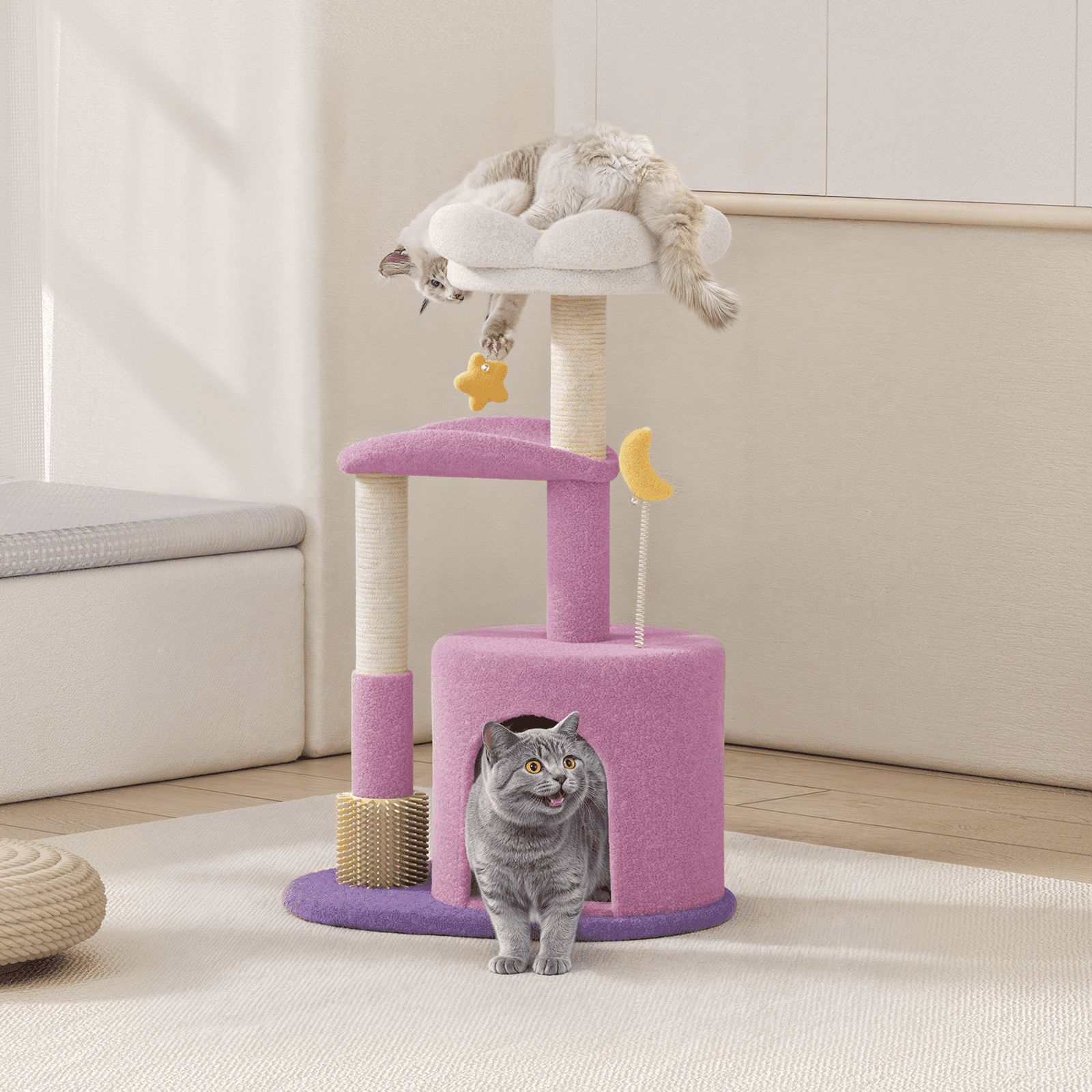 MoNiBloom 33" Flower Cat Tree for Indoor Cats, Compact Cat Tower with Condo, Scratching Posts, Flower Perch & Dangling Toys for Kittens & Small Cats, Cute Cat Furniture Stand, Purple
