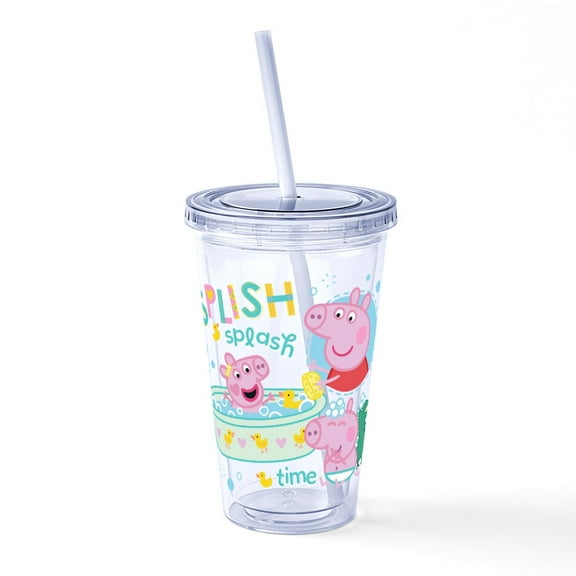 CafePress - Peppa Pig: Splish Splash - 16 Ounce Classic Clear Insulated Double Wall Tumbler Cup with Lid Straw , Reusable