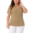 thumbnail image 1 of Blusa elegante de manga corta de encaje con cuello en V para mujer de tallas grandes Agnes Orinda, tunic ribeteada, 1X, marrón, primavera-verano, 1 of 6
